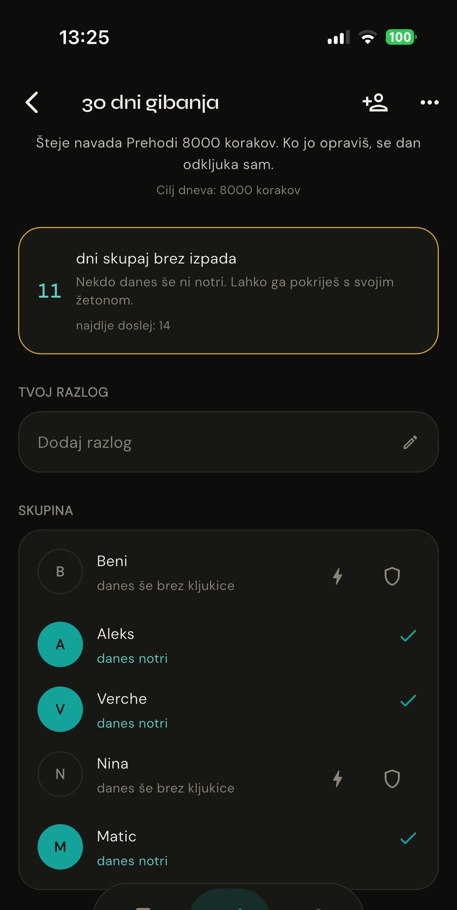 Zaslon skupinskega izziva: koliko članov je danes notri in koliko dni skupaj brez izpada
