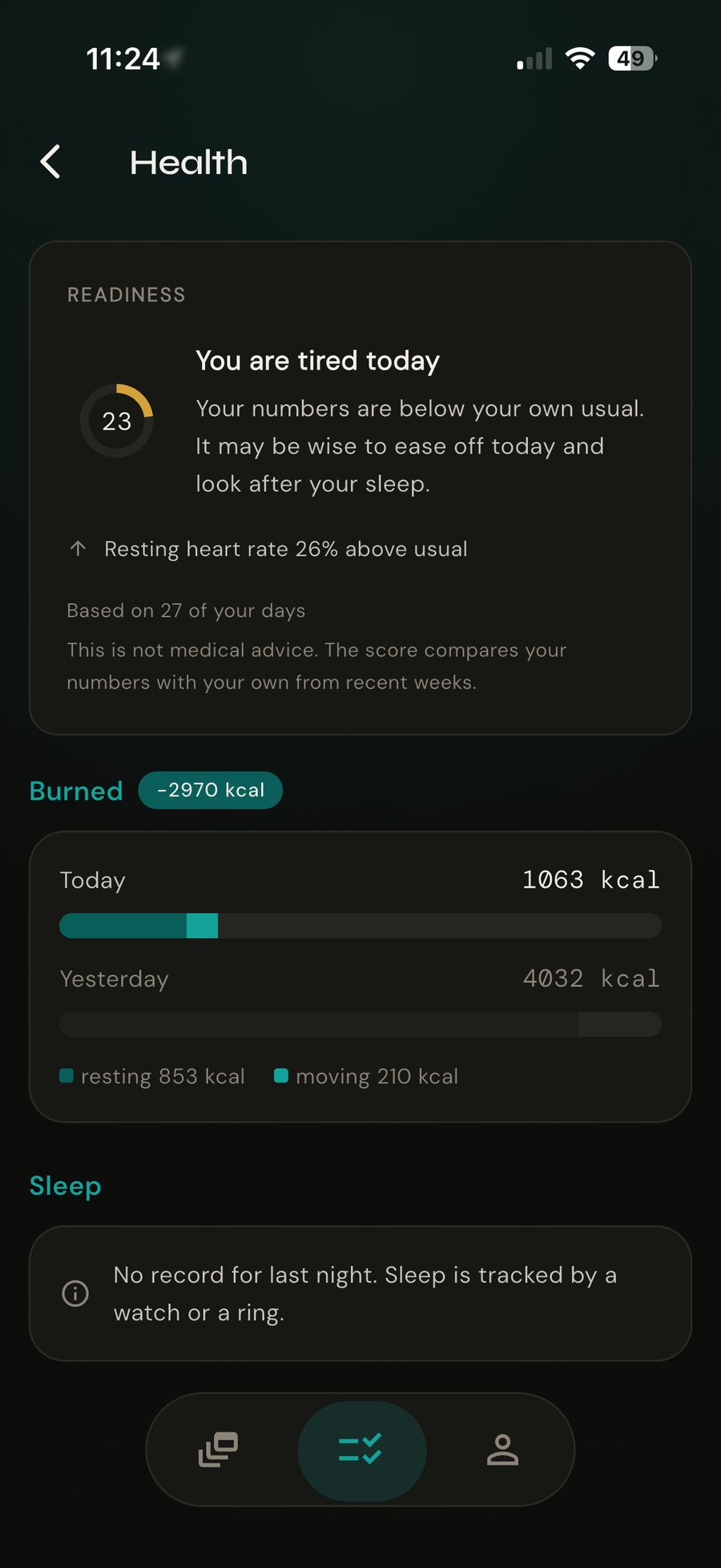 Health screen: readiness score, calorie burn and sleep