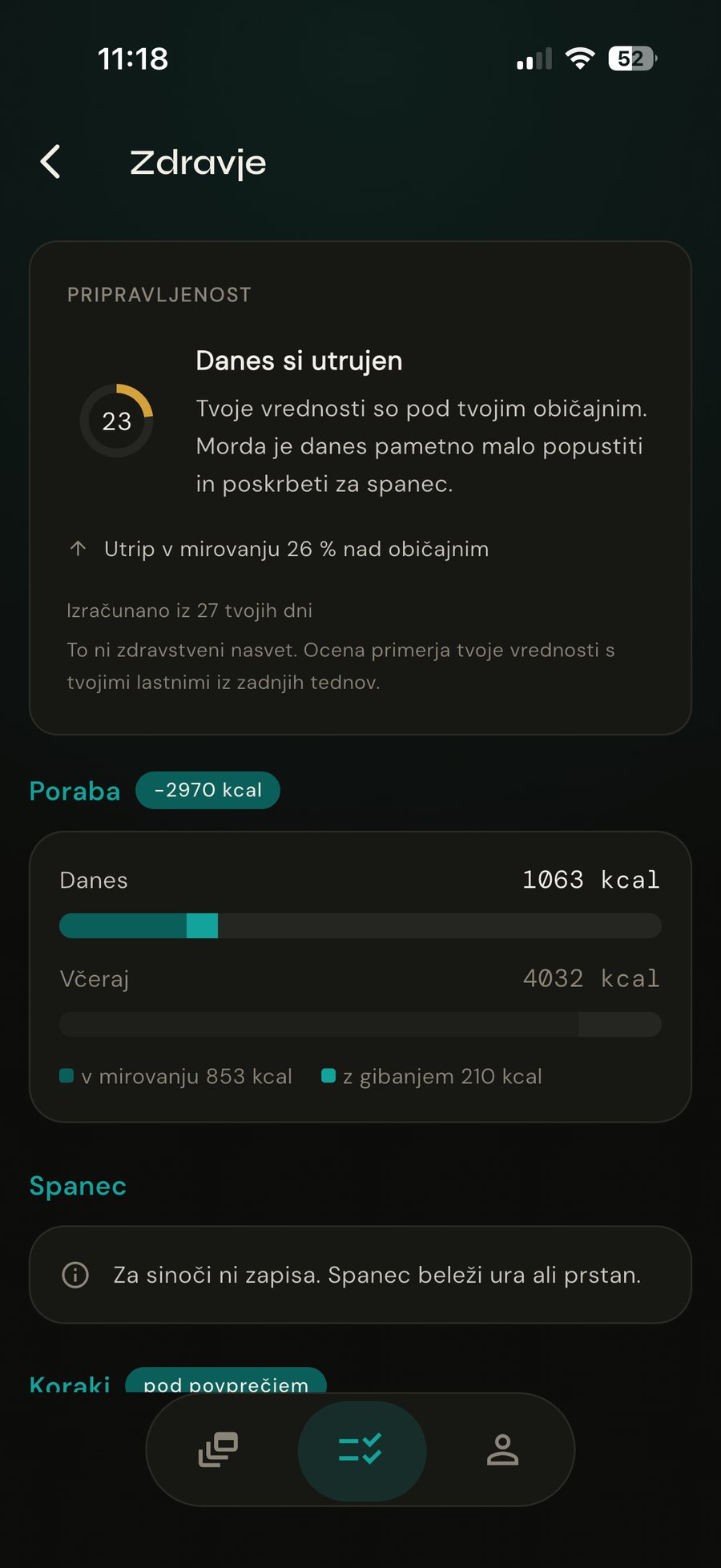 Zaslon Zdravje: ocena pripravljenosti, poraba kalorij in spanec