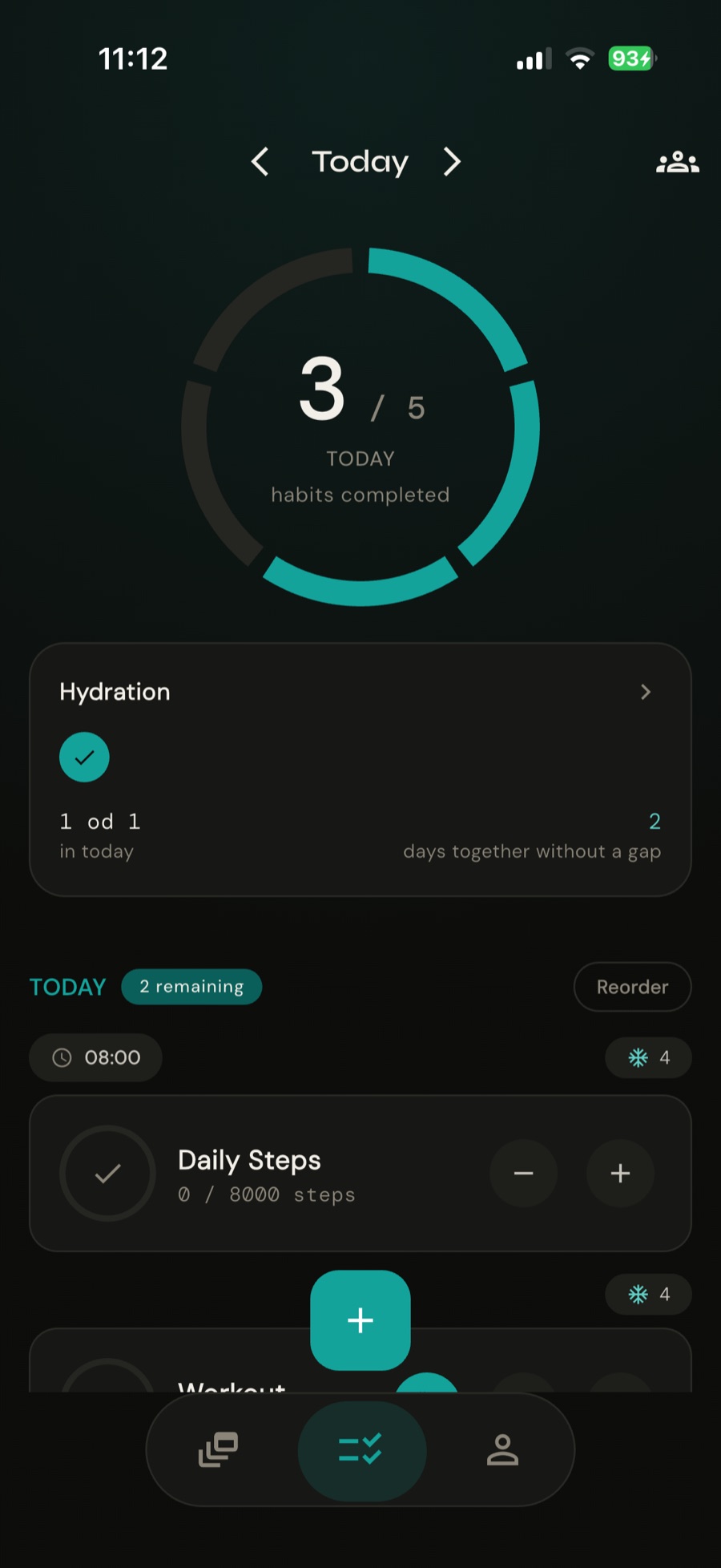 HabitPack Today screen: a progress ring showing 3 of 5 habits done and today's list