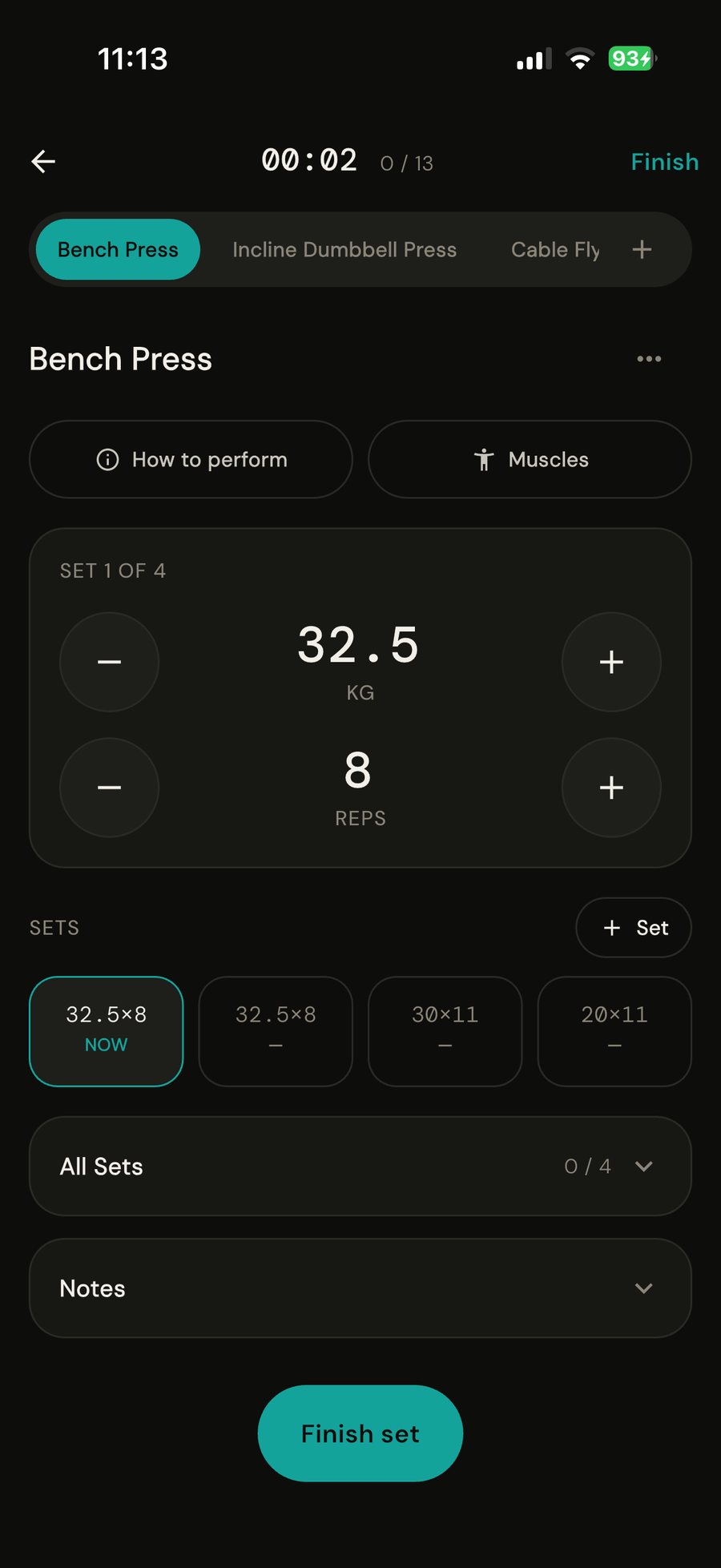 Workout screen: logging sets and reps during a session